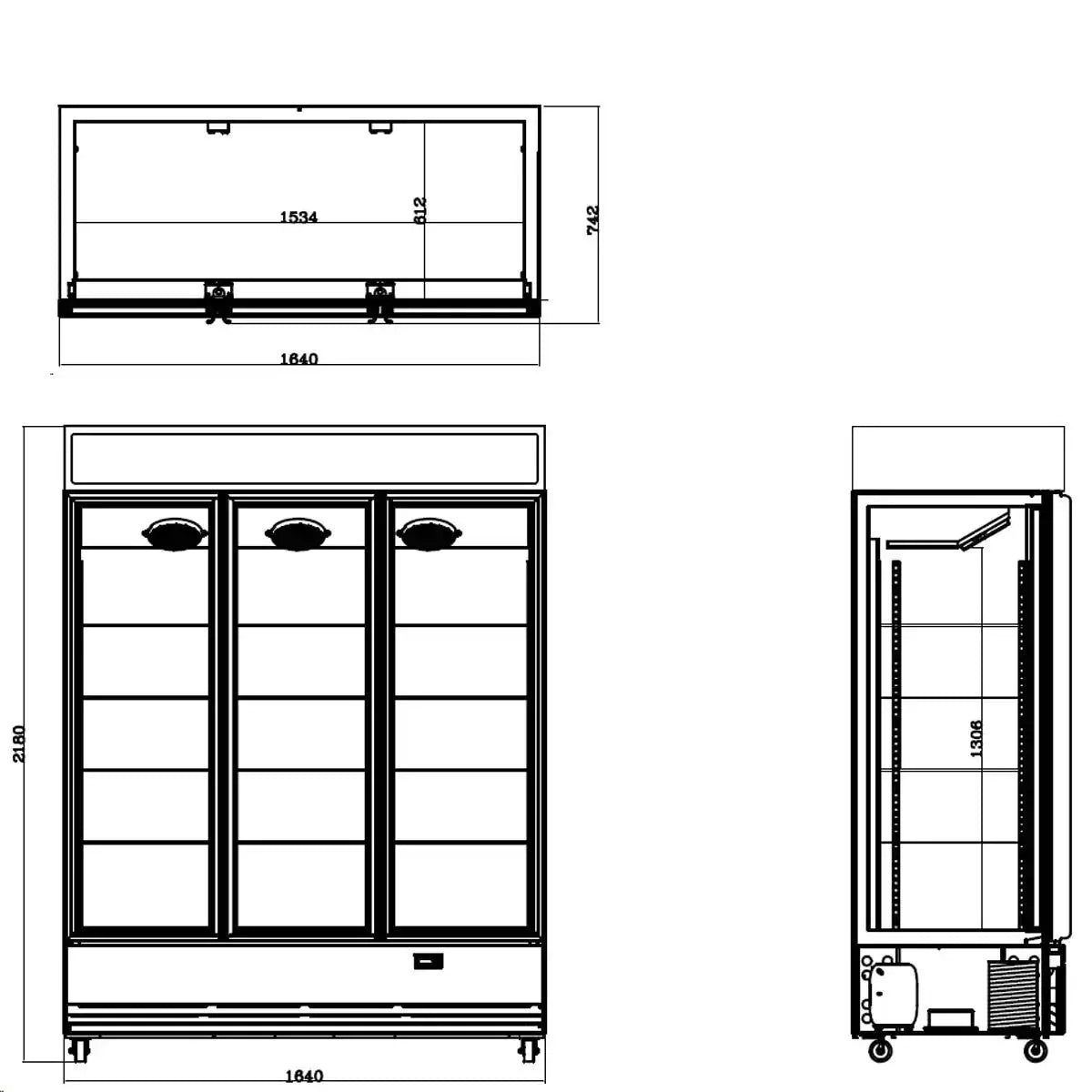 Technische Zeichnung Gastronomie-Kühlschrank mit 3 Glastüren, Maße & Innenaufbau für Profi-Use