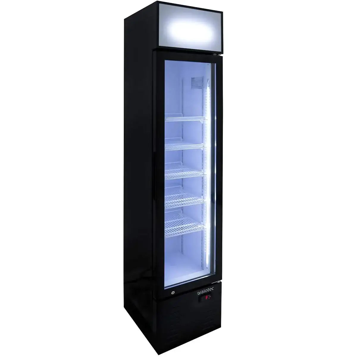 Schwarzer Getränkekühlschrank mit Glastür und LED-Beleuchtung für Gastronomie