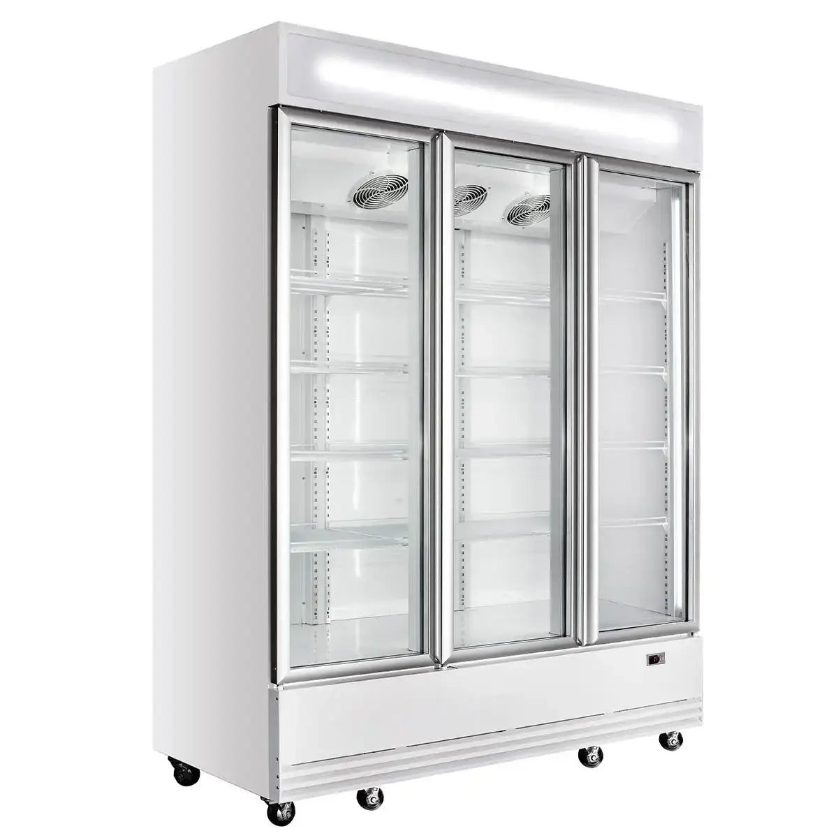Professioneller Kühlschrank mit 3 Glastüren für Gastronomie, Edelstahl, auf Rollen