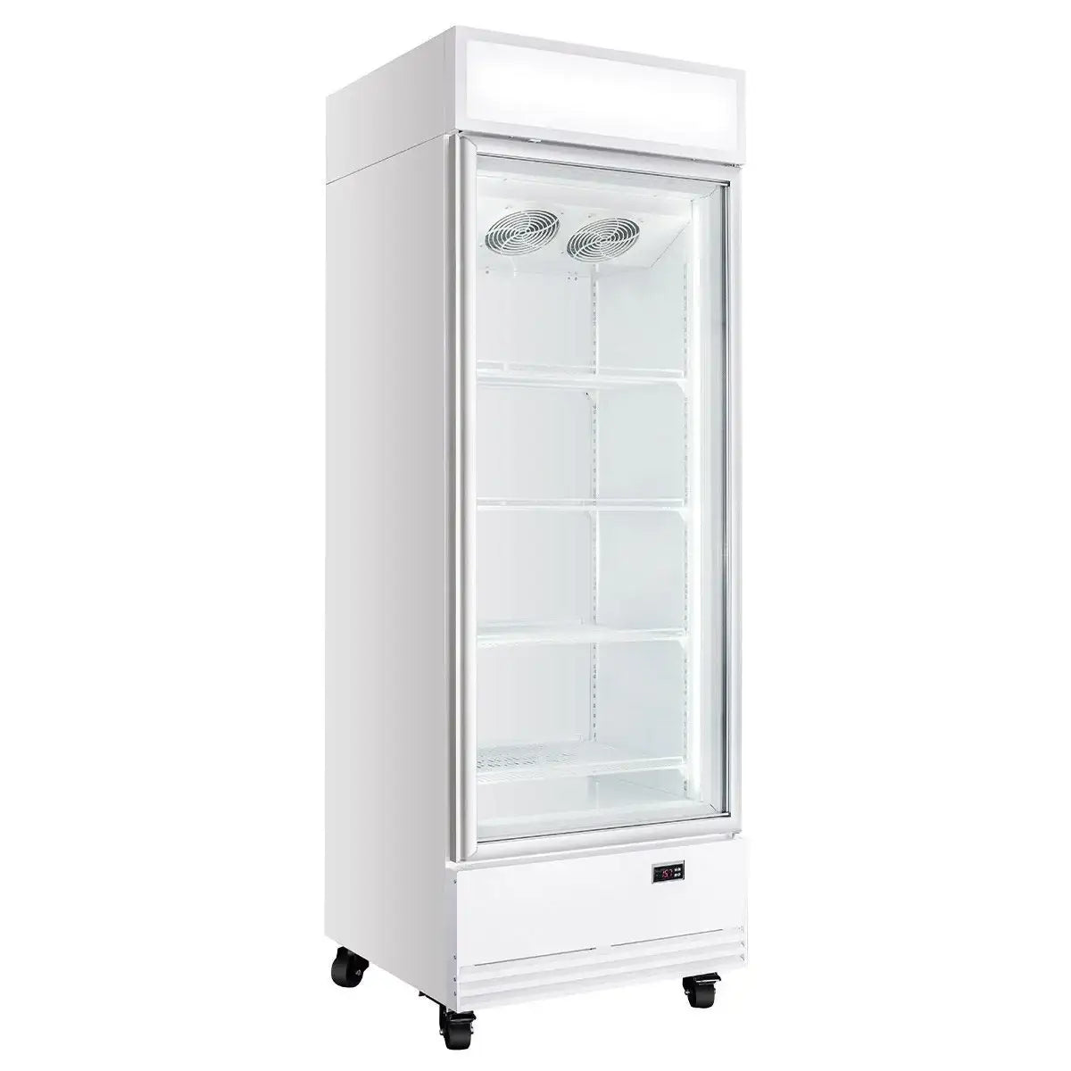Professioneller Kühlschrank mit Glastür für Gastronomie, Edelstahl, mit Rollen und Regalen