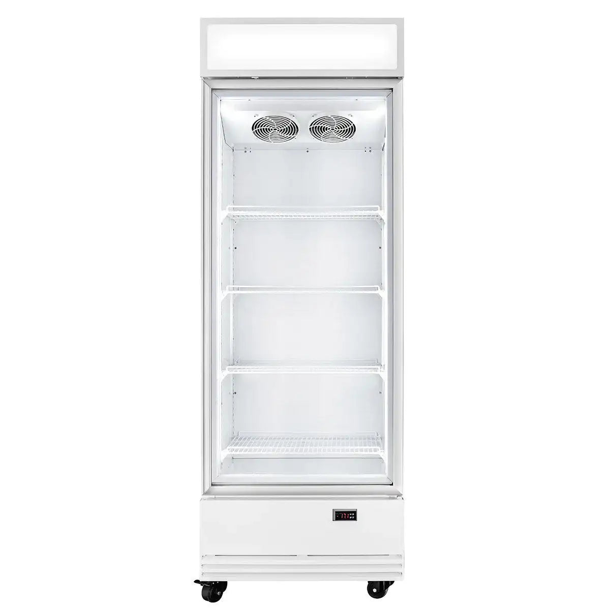 Professioneller Kühlschrank mit Glasfront für Gastronomie, Edelstahlregale, Rollen, digitale Temperaturanzeige