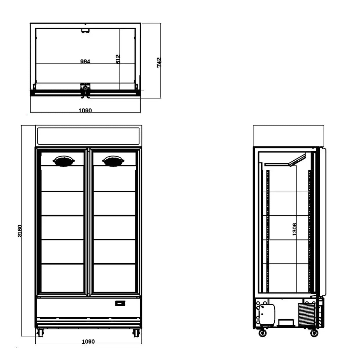Professioneller Gastronomie-Kühlschrank mit Doppeltür, Maßzeichnung und Innenaufbau für Kühlgeräte im Restaurantbetrieb