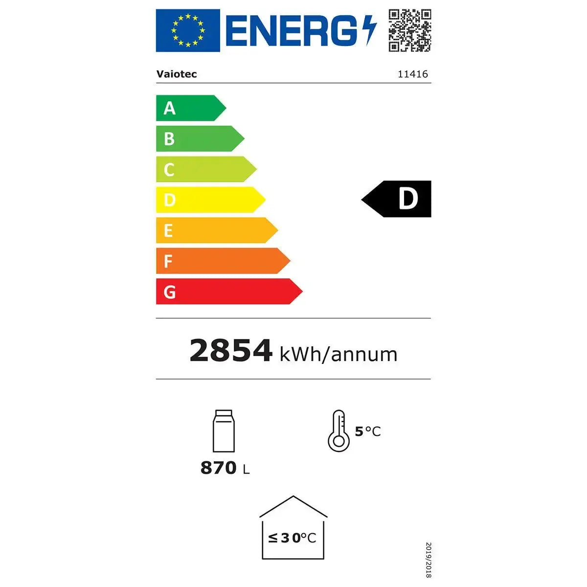 Energieeffizienzklasse D, 2854 kWh/Jahr, 870 L Fassungsvermögen, 5°C Kühltemperatur