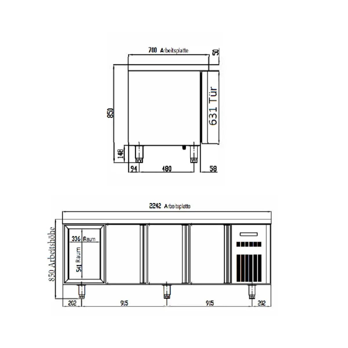 TOPLINE Kühltisch / 4-fach GN1/1 mit 4 Schubladen / 2 Türen, 2245 x 700 mm - Gastro-Bedarf24 GmbH