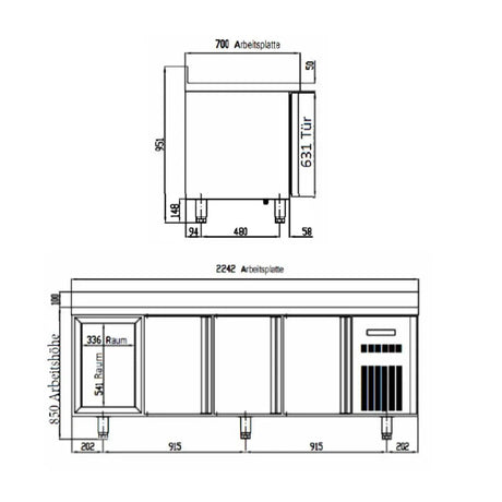TOPLINE Kühltisch / 4-fach GN1/1 mit 4 Türen & Aufkantung, 2245 x 700 mm - Gastro-Bedarf24 GmbH