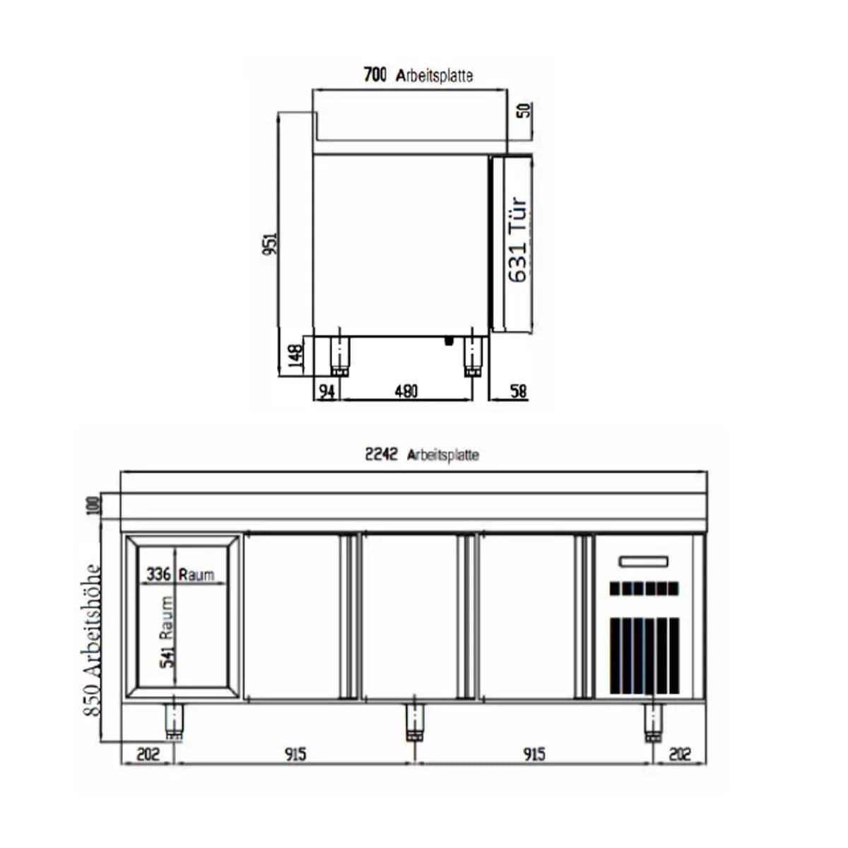 TOPLINE Kühltisch / 4-fach GN1/1 mit 8 Schubladen & Aufkantung, 2245 x 700 mm - Gastro-Bedarf24 GmbH