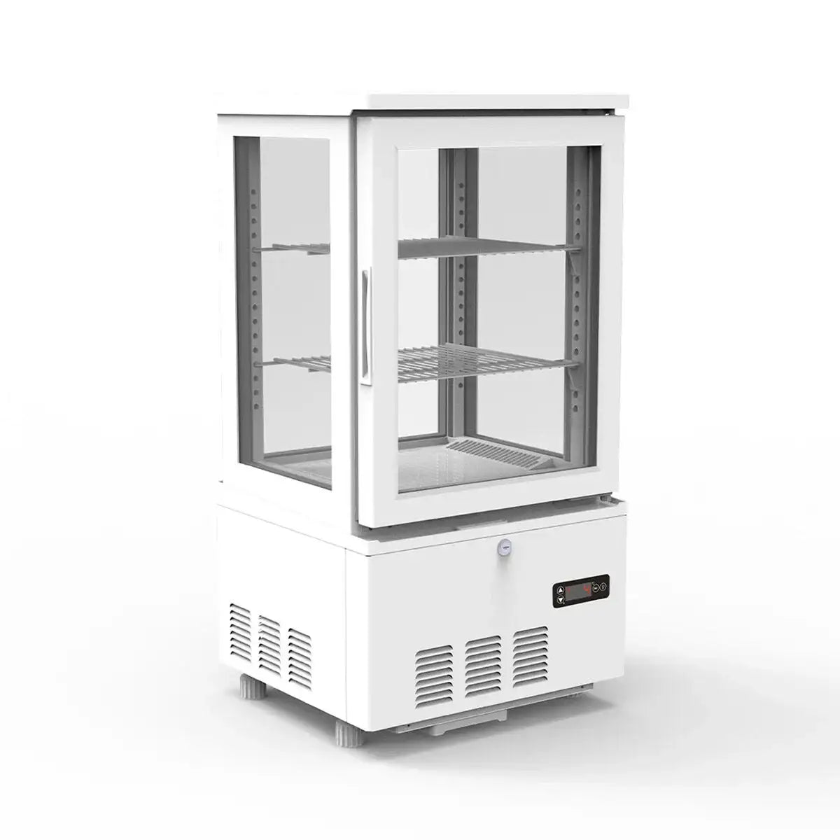 Professioneller Gastronomie-Kühlschrank mit Glastür und Edelstahlregalen für Kühlung und Präsentation