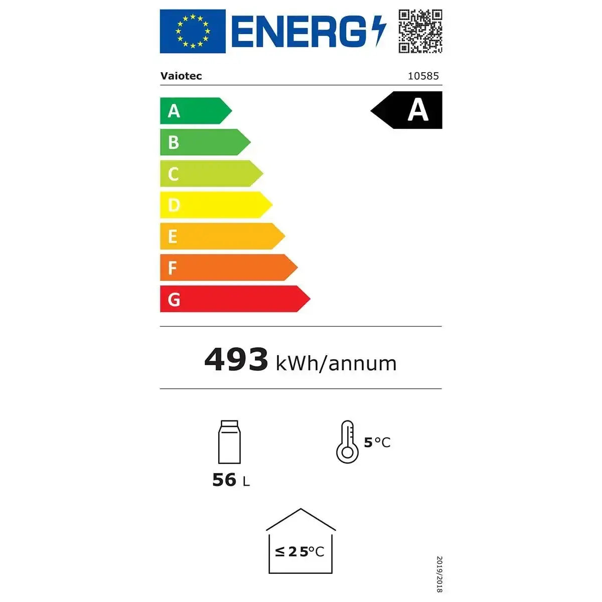Energieeffizienzklasse A für Vaiotec-Gerät, 493 kWh/Jahr, 56 L Kühlraum, 5°C