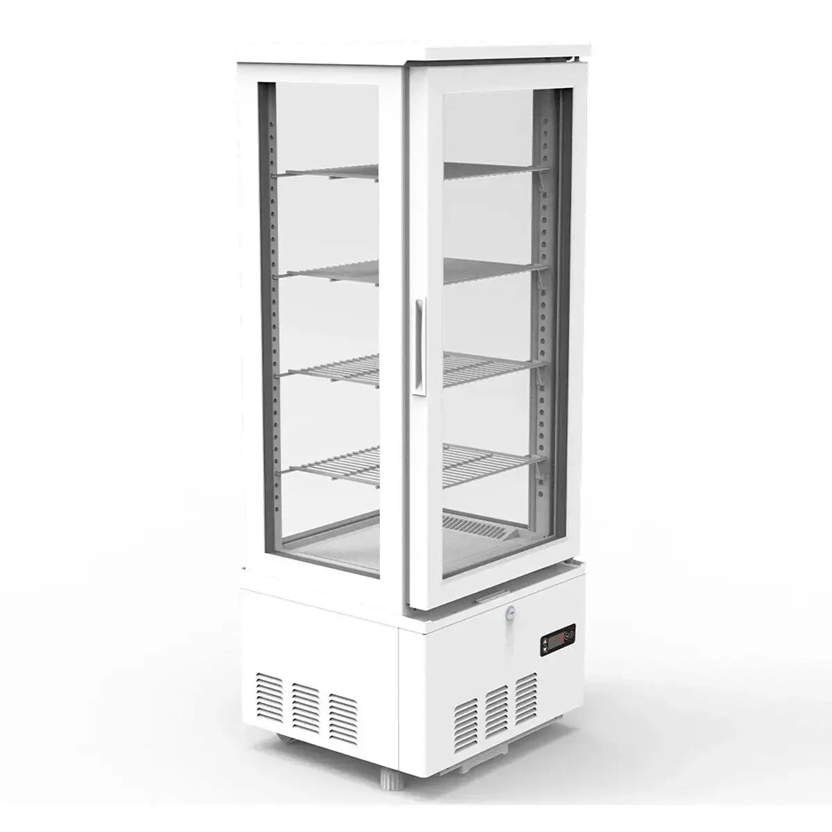 Professioneller Gastronomie-Kühlschrank mit Glastür und Edelstahlregalen für Kühlraum und Lebensmittelpräsentation