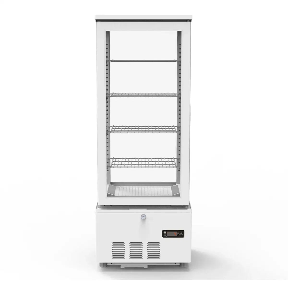 Professioneller Kühlschrank mit Glasfront und Edelstahlregalen für Gastronomie