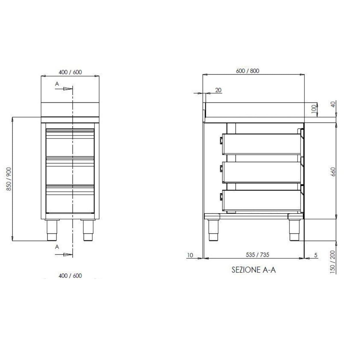 TOPLINE Schubladenschrank 700 / 3 Schubladen & Aufkantung B:400
