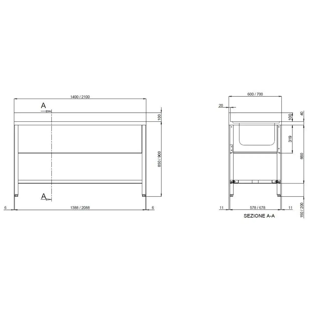 TOPLINE Sink Table 600 / 2 Basins Right + Draining Board W:1400