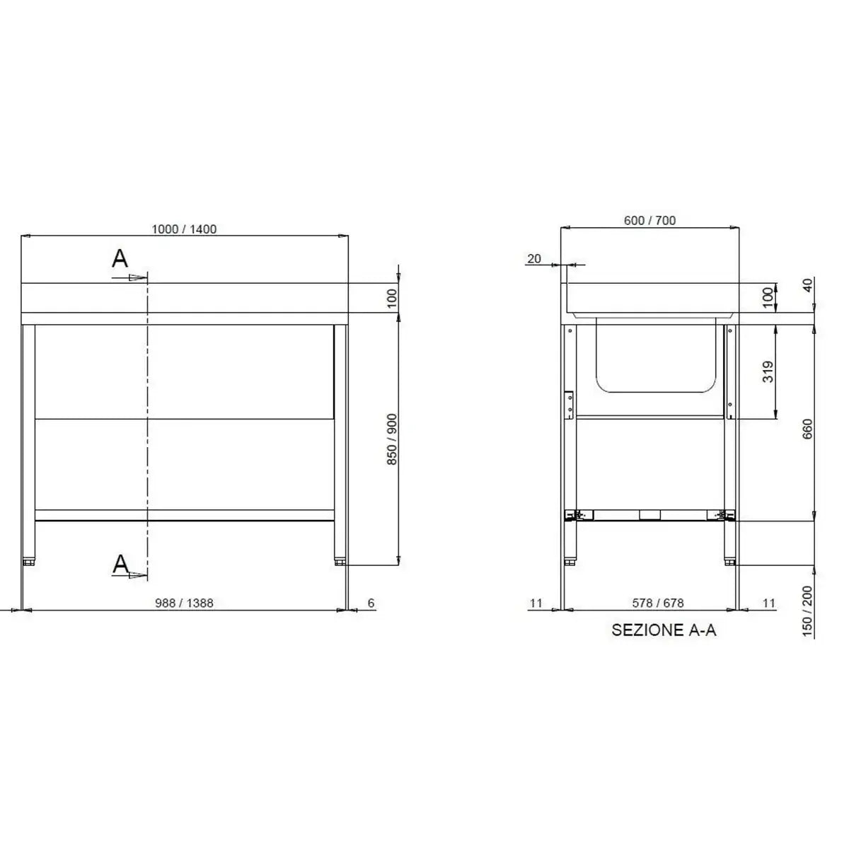 TOPLINE Sink Table / 1 Basin Left + Draining Area, 1400 x 700 mm