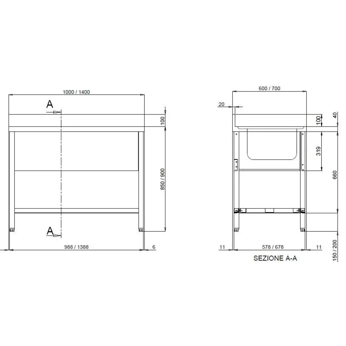 TOPLINE Sink Table / 1 Basin Right + Draining Board, 1000 x 700 mm