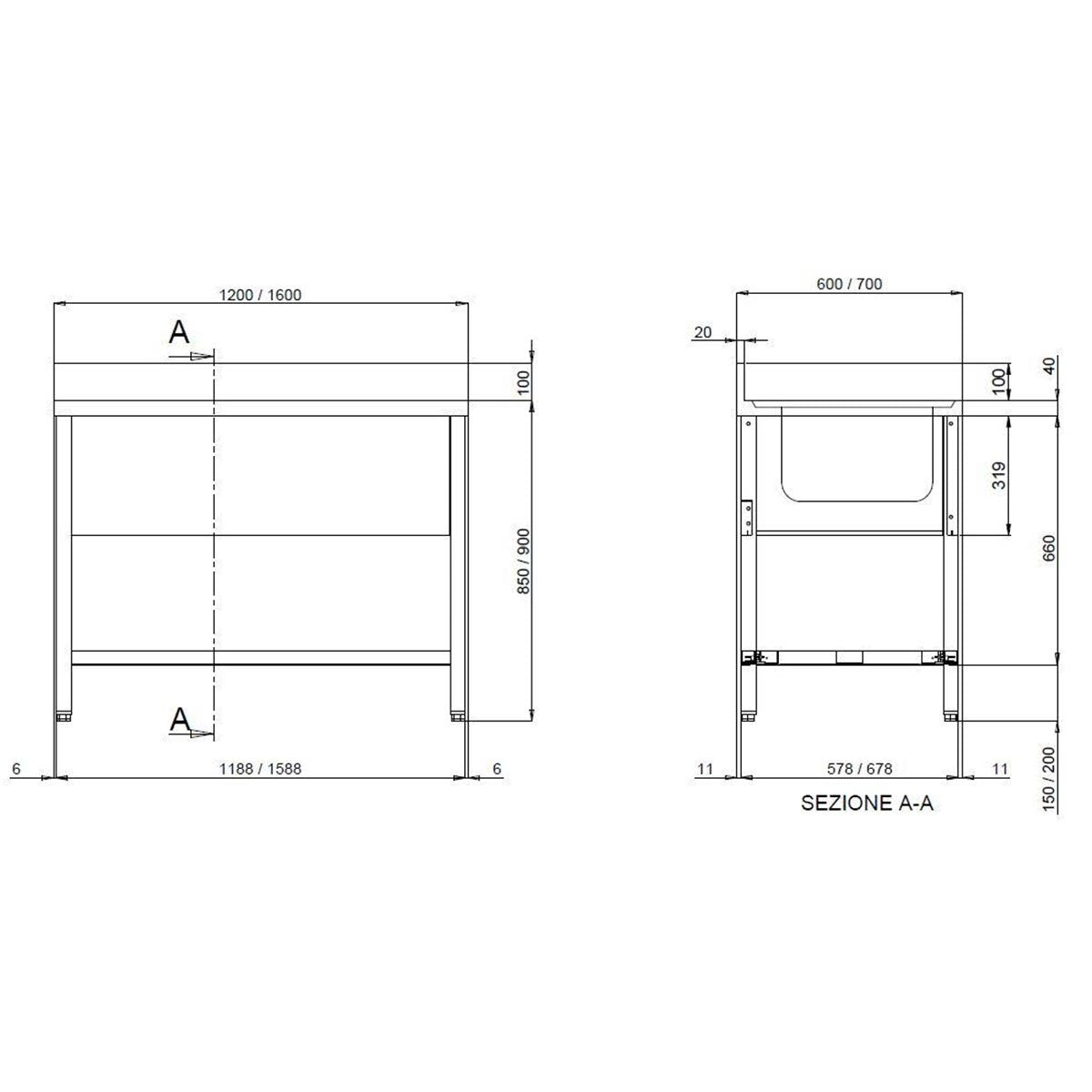 TOPLINE evye masası / 2 hazneli, 1200 x 700 mm